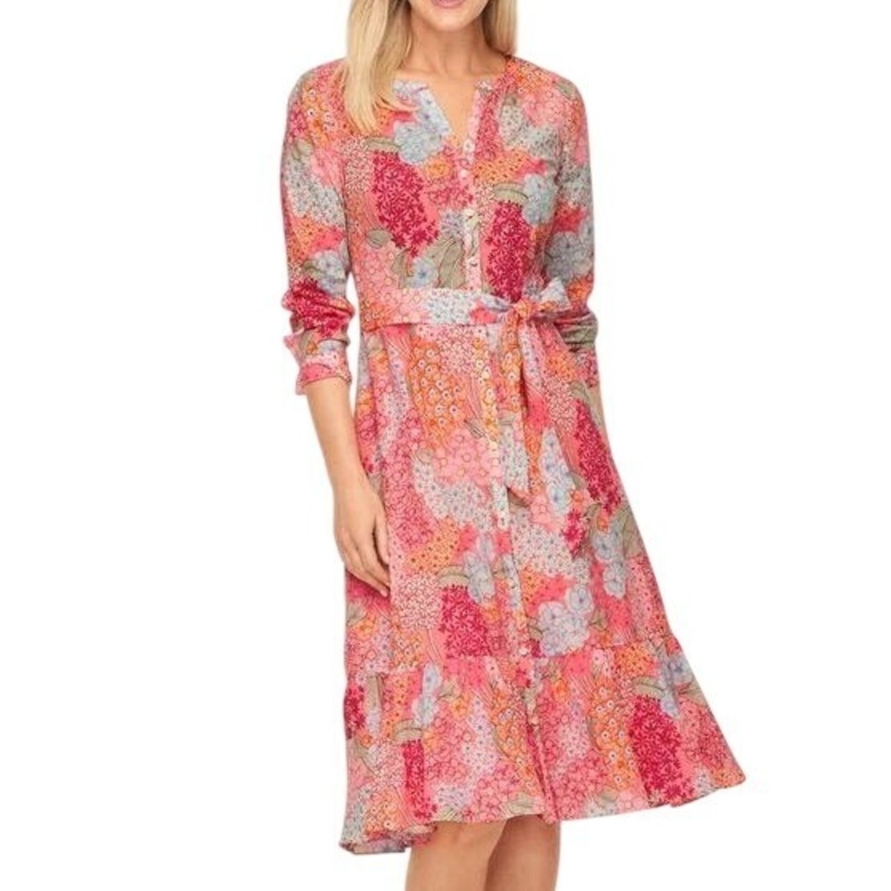 Talbots Pink Floral Patchwork Cotton Midi Dress 3/4 Sleeve Lined Size 14